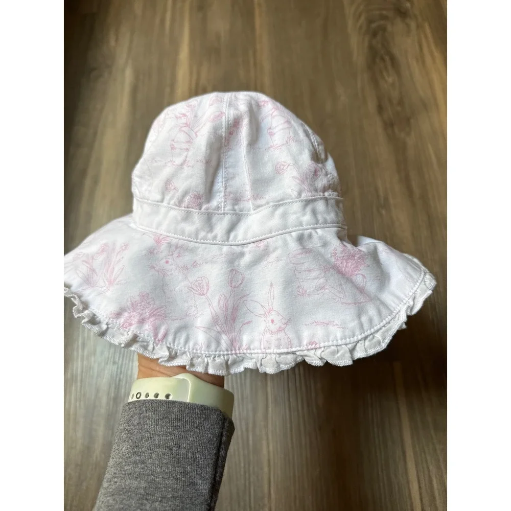 Janie & Jack Baby Bunny Toile Sun Hat White Pink Bow‎ 6-12 Months Easter Spring